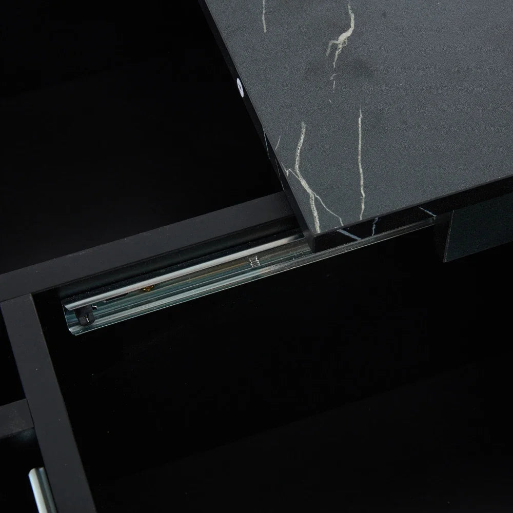 Table Basse Carrée Noire 90x90cm à 4 Tiroirs – Plateau Coulissant, Design Marbré Chic