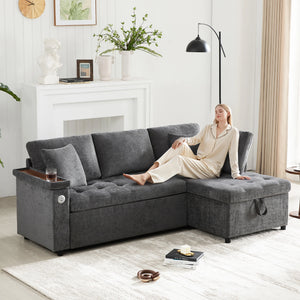 Canapé d'Angle Convertible 3-4 Places Chenille Gris Foncé – Coffre de Rangement & USB