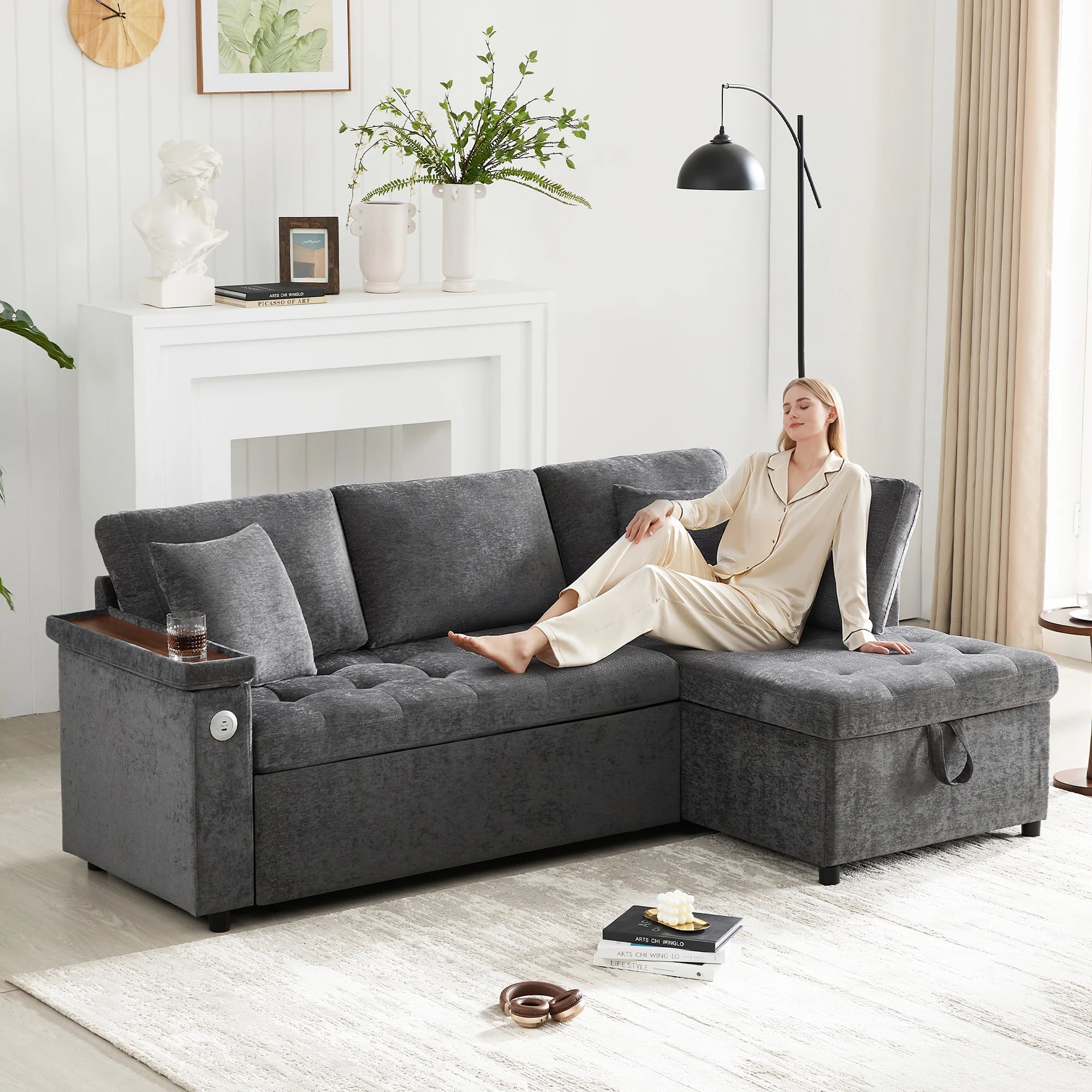Canapé d'Angle Convertible 3-4 Places Chenille Gris Foncé avec Coffre, USB & Porte-Gobelet