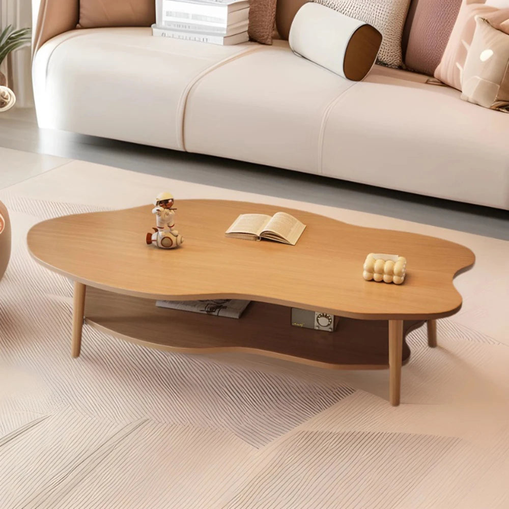 Table Basse en Bois Style Nuage avec Étagère de Rangement 100x50cm – Design Organique Chaleureux