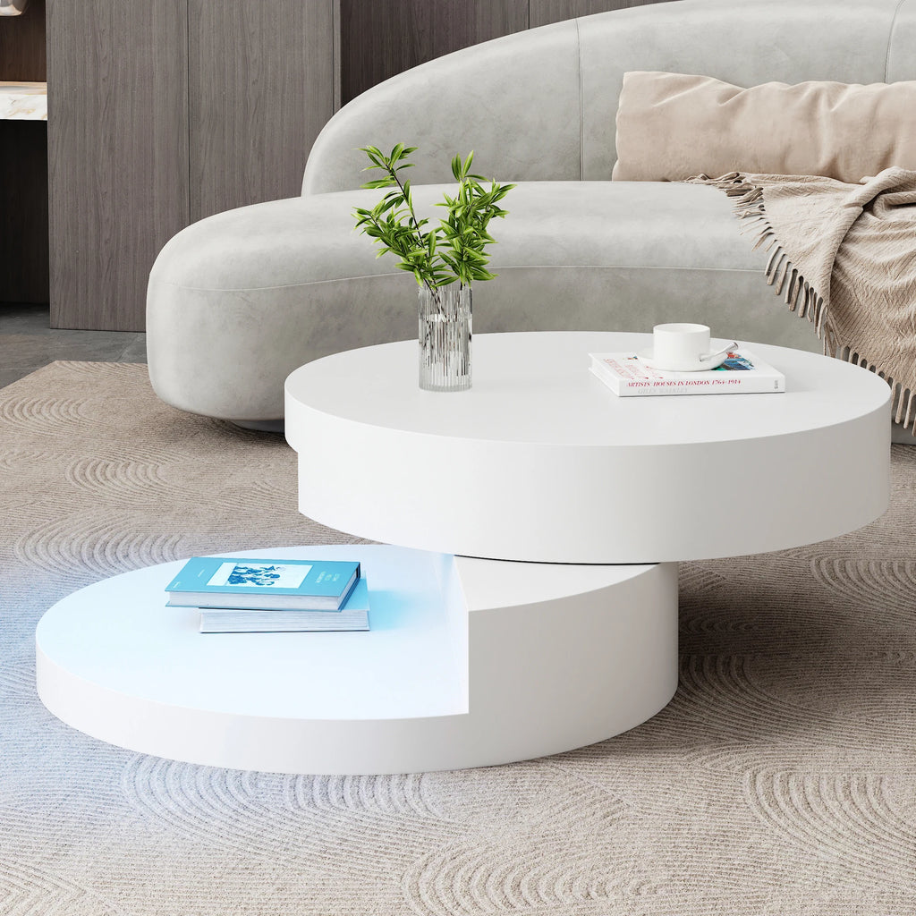 Table Basse Ronde Blanche Pivotante 360° avec LED – Design Cylindrique Moderne 70x70cm