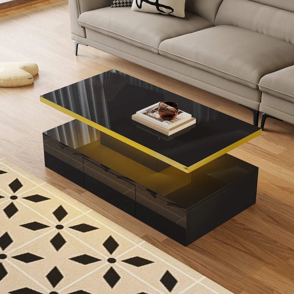 Table Basse PINGGO Haute Brillance avec Tiroirs & LED – 2 Niveaux de Rangement