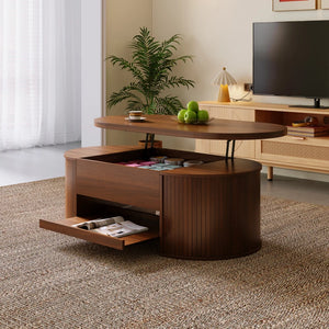 Table Basse Relevable en Bois Courbé – Étagère Coulissante, Design Chaleureux