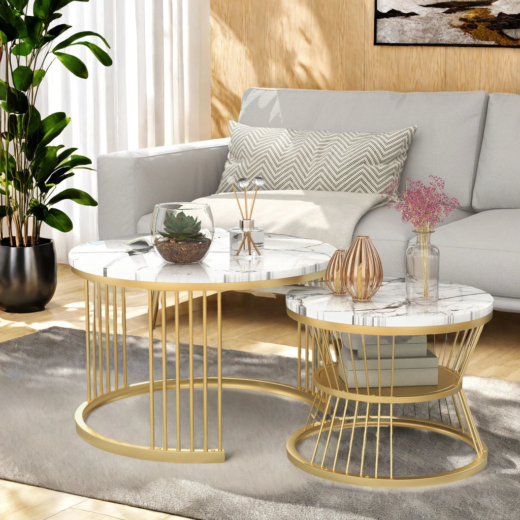 Duo de Tables Gigognes Marbre & Laiton Doré – Élégance Intemporelle pour Salon Cocooning