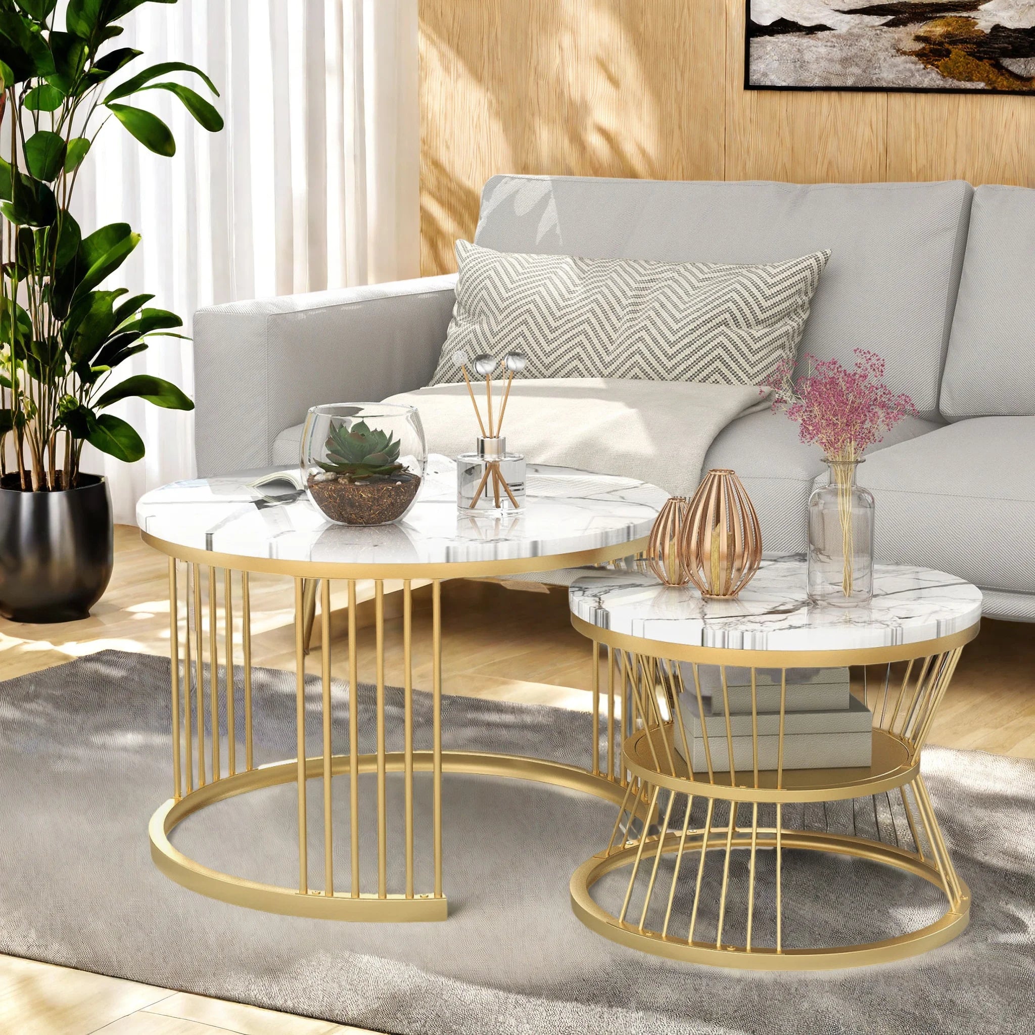 Duo de Tables Gigognes Marbre & Laiton Doré – Élégance Intemporelle pour Salon Cocooning