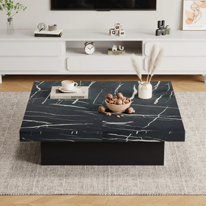 Table Basse Carrée Noire 90x90cm – 4 Tiroirs et Plateau Coulissant Effet Marbre