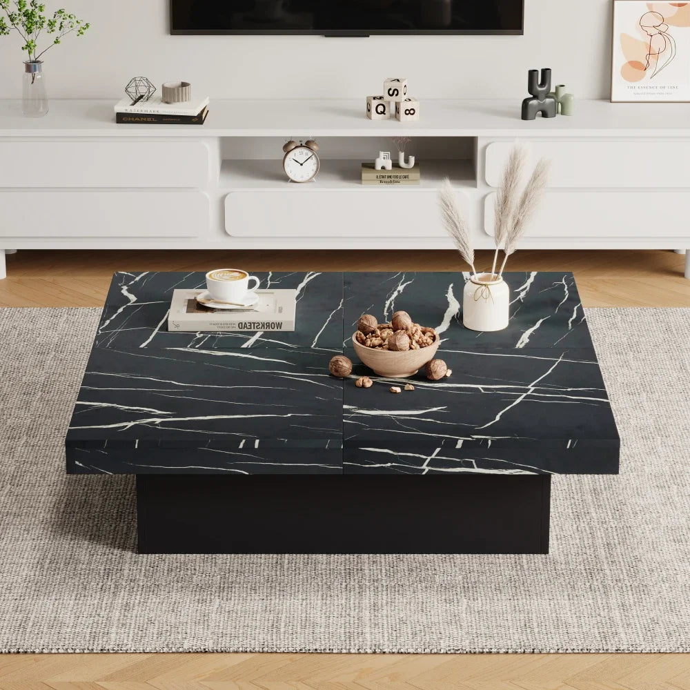Table Basse Carrée Noire 90x90cm à 4 Tiroirs – Plateau Coulissant, Design Marbré Chic