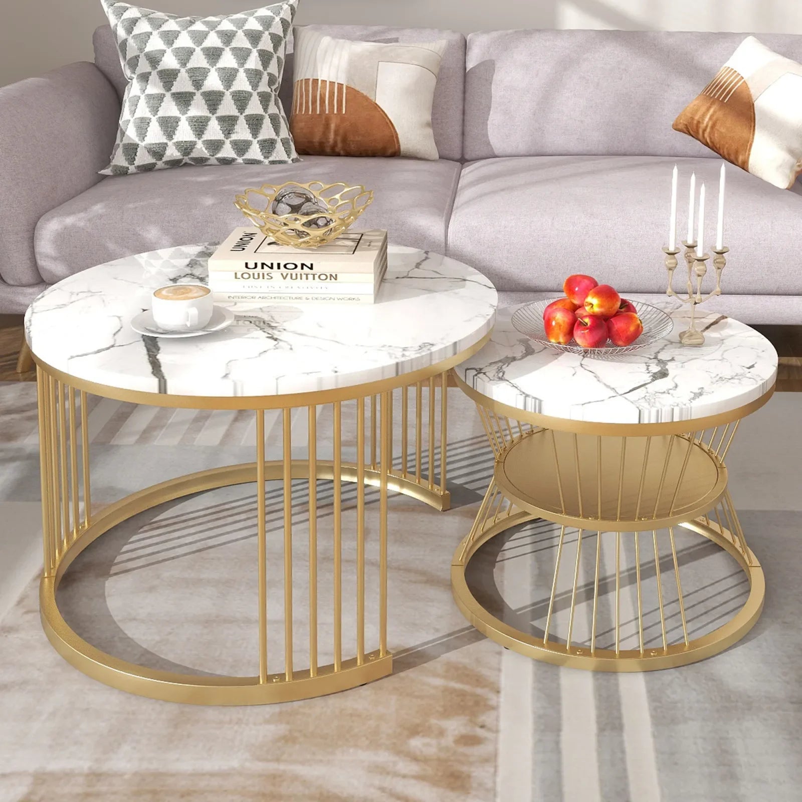 Duo de Tables Gigognes Marbre & Laiton Doré – Élégance Intemporelle pour Salon Cocooning