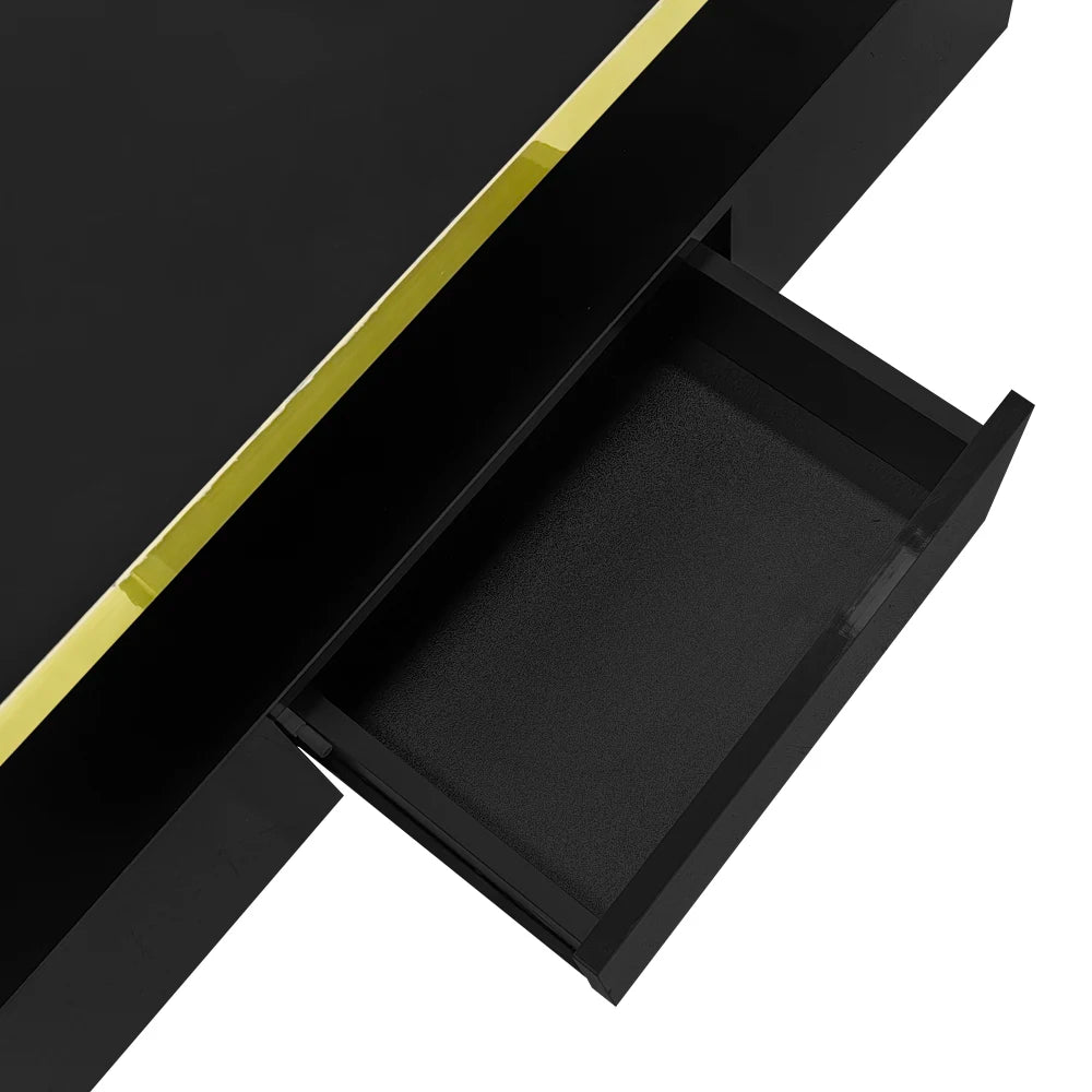 Table Basse PINGGO Haute Brillance avec Tiroirs & LED – 2 Niveaux de Rangement