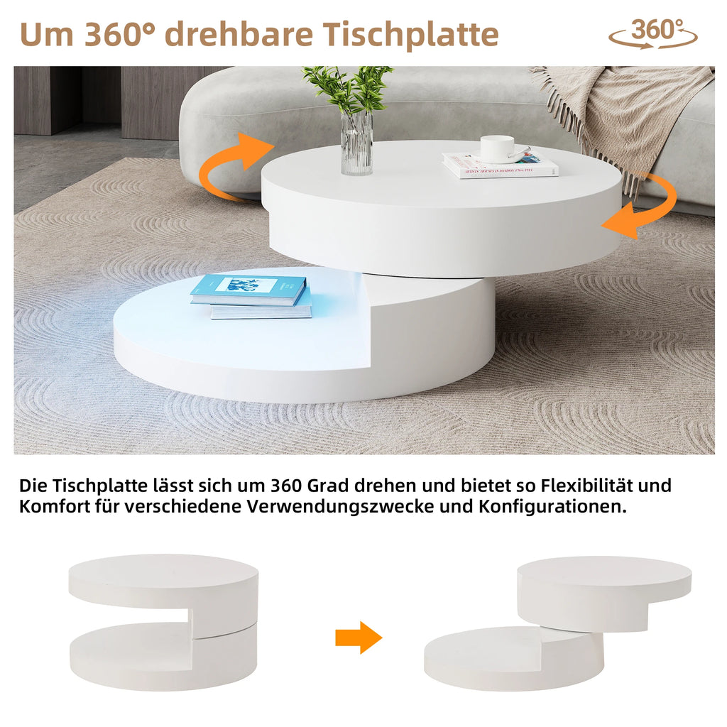 Table Basse Ronde Blanche Pivotante 360° avec LED – Design Cylindrique Moderne 70x70cm