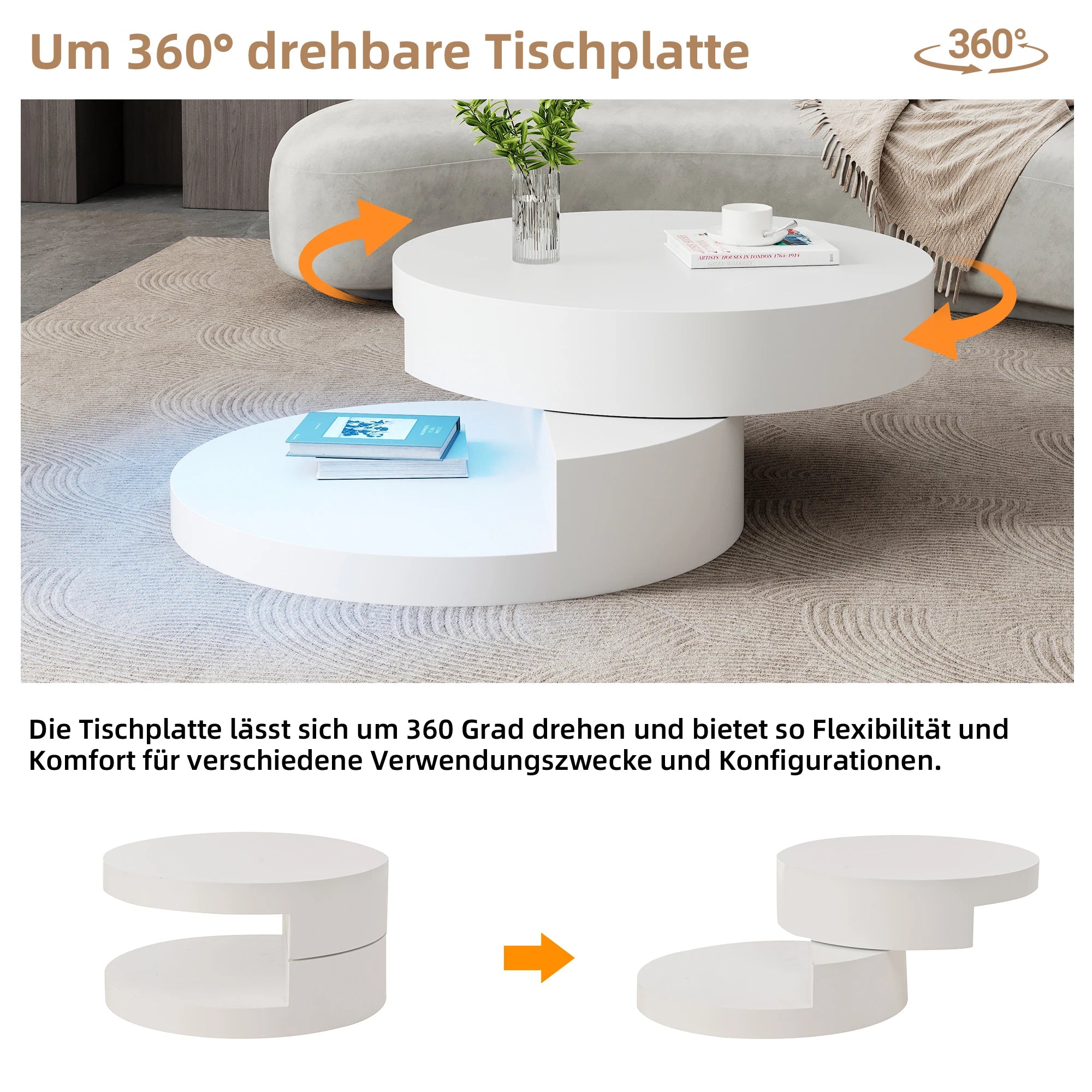 Table Basse Ronde Blanche Pivotante 360° avec LED – Design Cylindrique Moderne 70x70cm