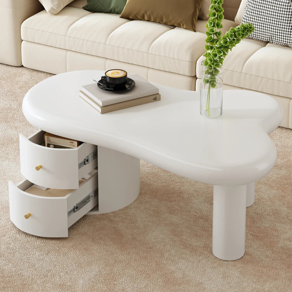 Table Basse Blanche Forme Irrégulière PINGGO avec 2 Tiroirs – Design Original Gain de Place