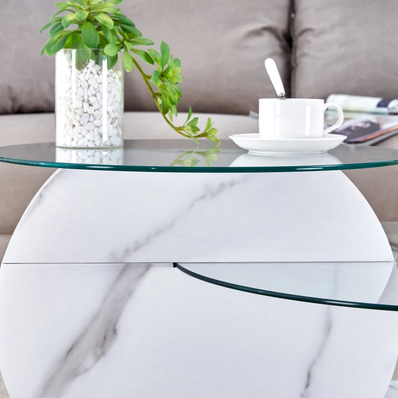 Table Basse Verre Sécurisé Multi-Niveaux Effet Marbre Blanc – Design Minimaliste Élégant