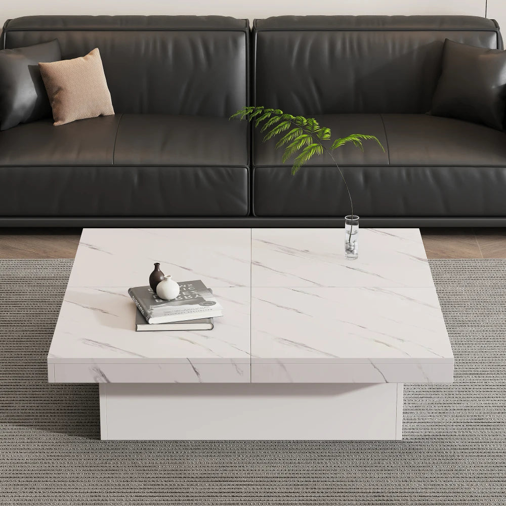 Table Basse Carrée Noire 90x90cm à 4 Tiroirs – Plateau Coulissant, Design Marbré Chic