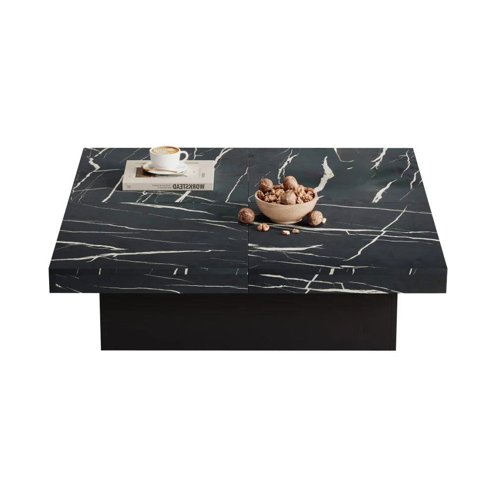 Table Basse Carrée Noire 90x90cm à 4 Tiroirs – Plateau Coulissant, Design Marbré Chic