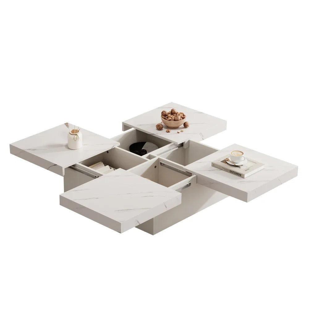 Table Basse Carrée Noire 90x90cm à 4 Tiroirs – Plateau Coulissant, Design Marbré Chic