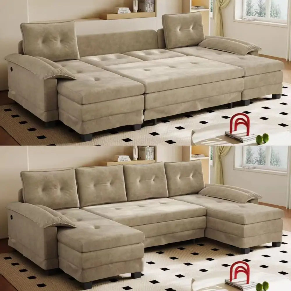 Canapé Convertible en U 278cm Camel – Grand Confort Familial avec Port USB