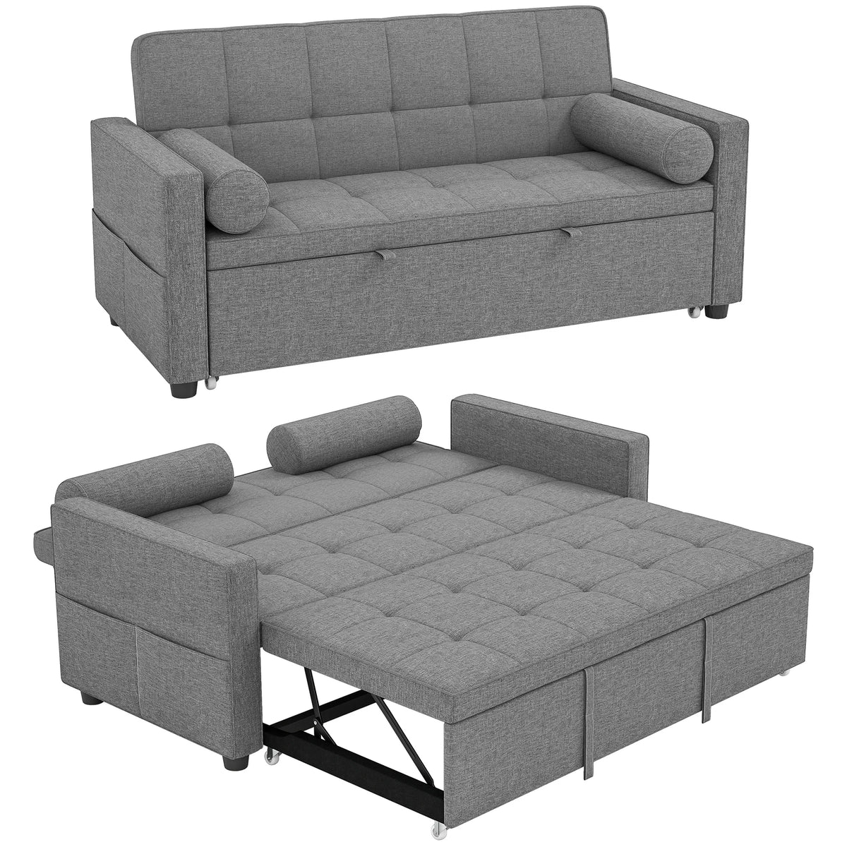Canapé Convertible 3-en-1 Gris – Lit Gigogne Double pour Recevoir Facilement