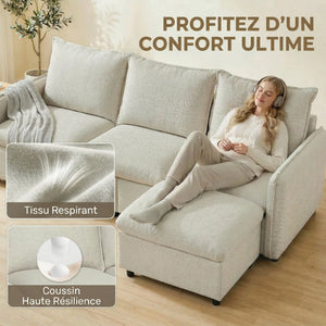 Canapé 3 Places 212cm Lin Crème – Confort Familial avec Pouf de Rangement