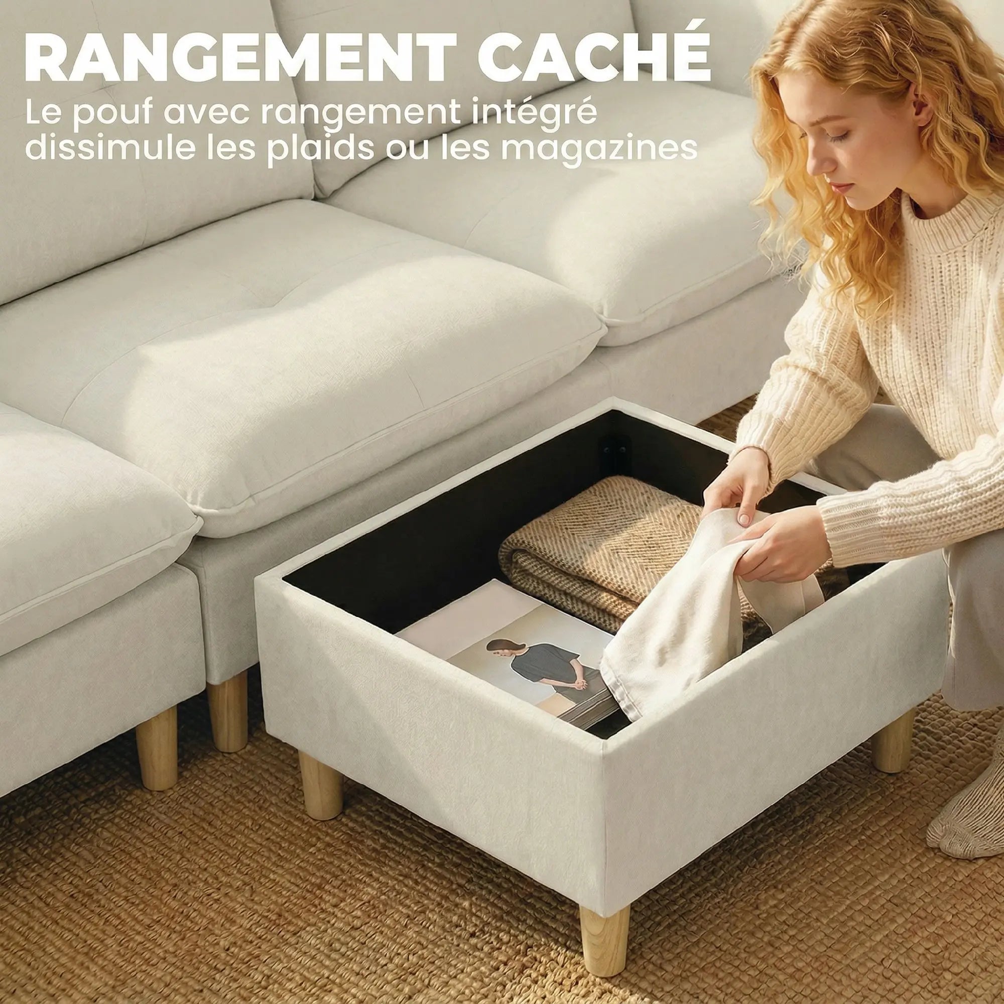 Canapé HOMCOM 3 Places Lin Crème avec Pouf de Rangement & Angle Ajustable