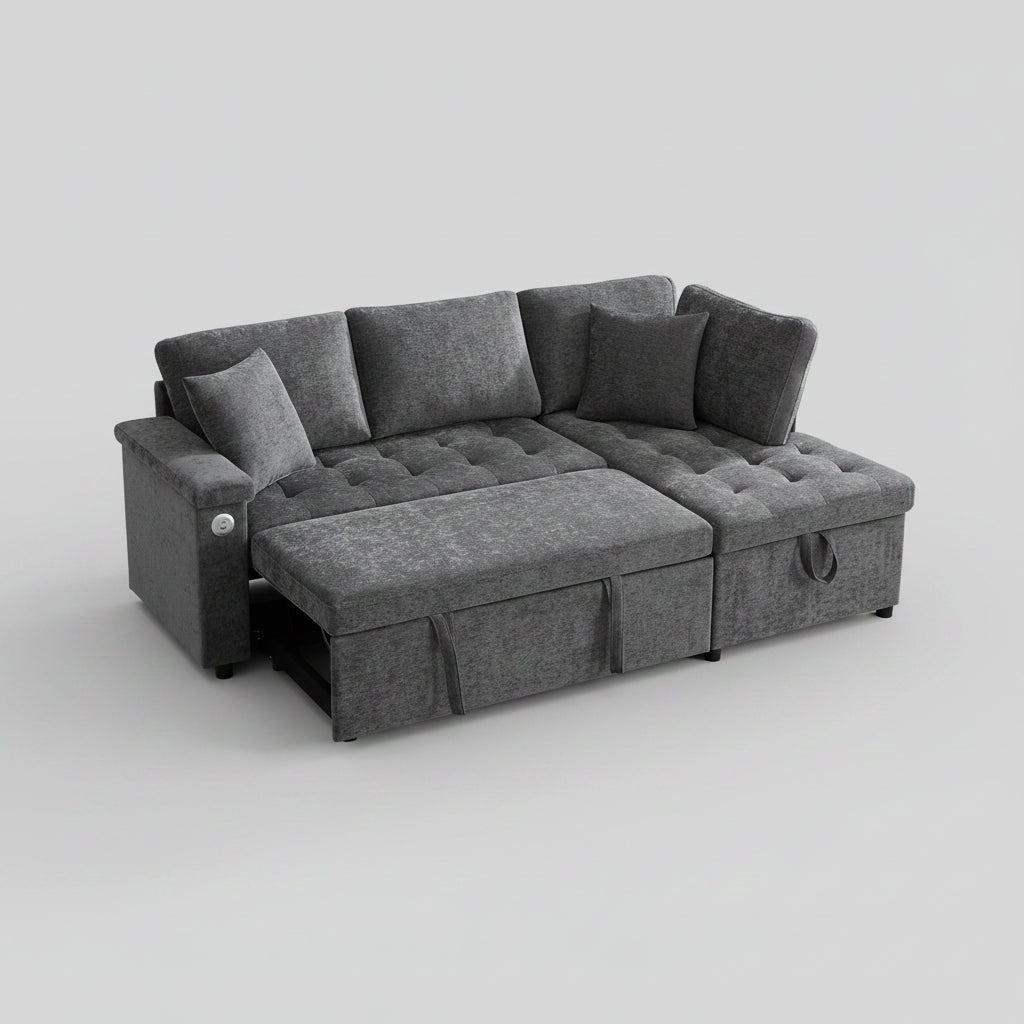 Canapé d'Angle Convertible 3-4 Places Chenille Gris Foncé – Coffre de Rangement & USB