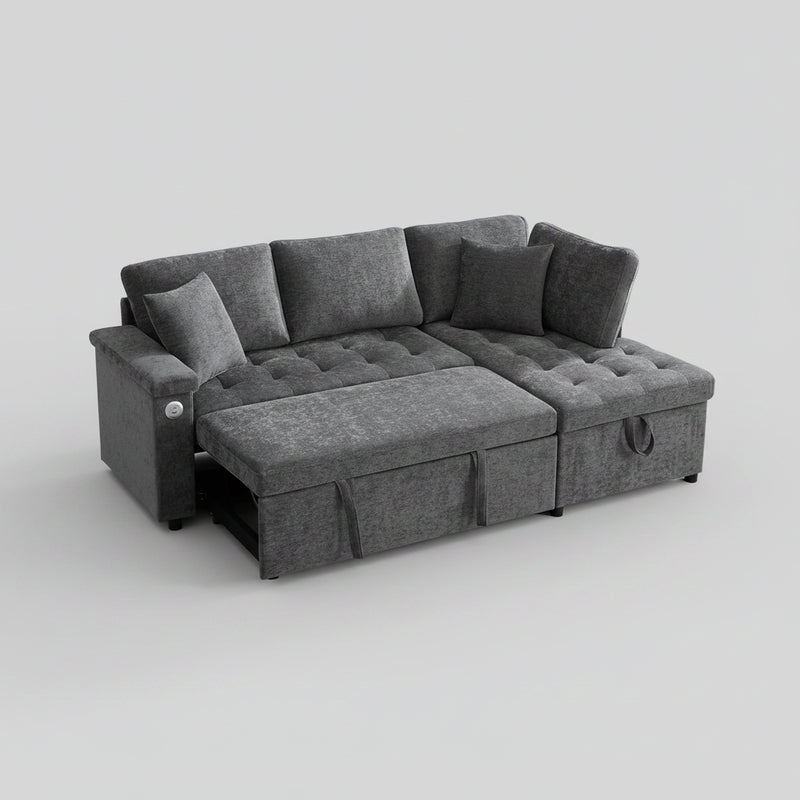 Canapé d'Angle Convertible 3-4 Places Chenille Gris Foncé – Coffre de Rangement & USB