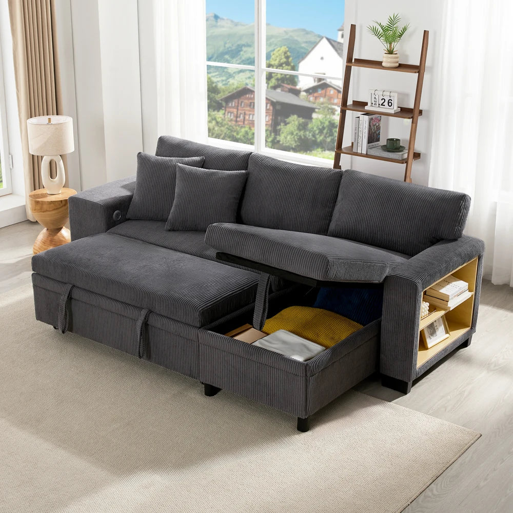 Canapé d'Angle Convertible PINGGO 3 Places avec USB & Étagères Latérales – Fonctionnel & Confortable