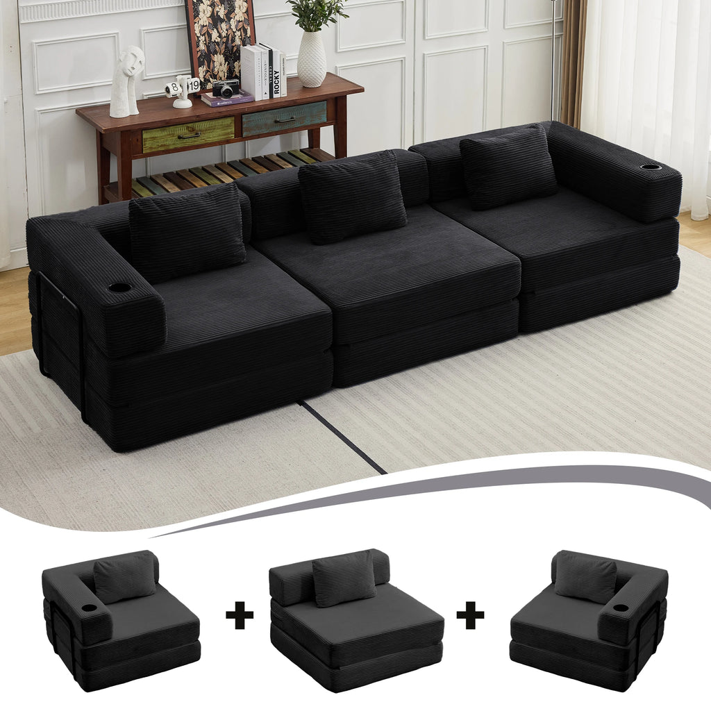 Canapé Modulaire 3 Places Corduroy Noir avec Porte-Gobelet – Sans Montage, Confort Haute Densité