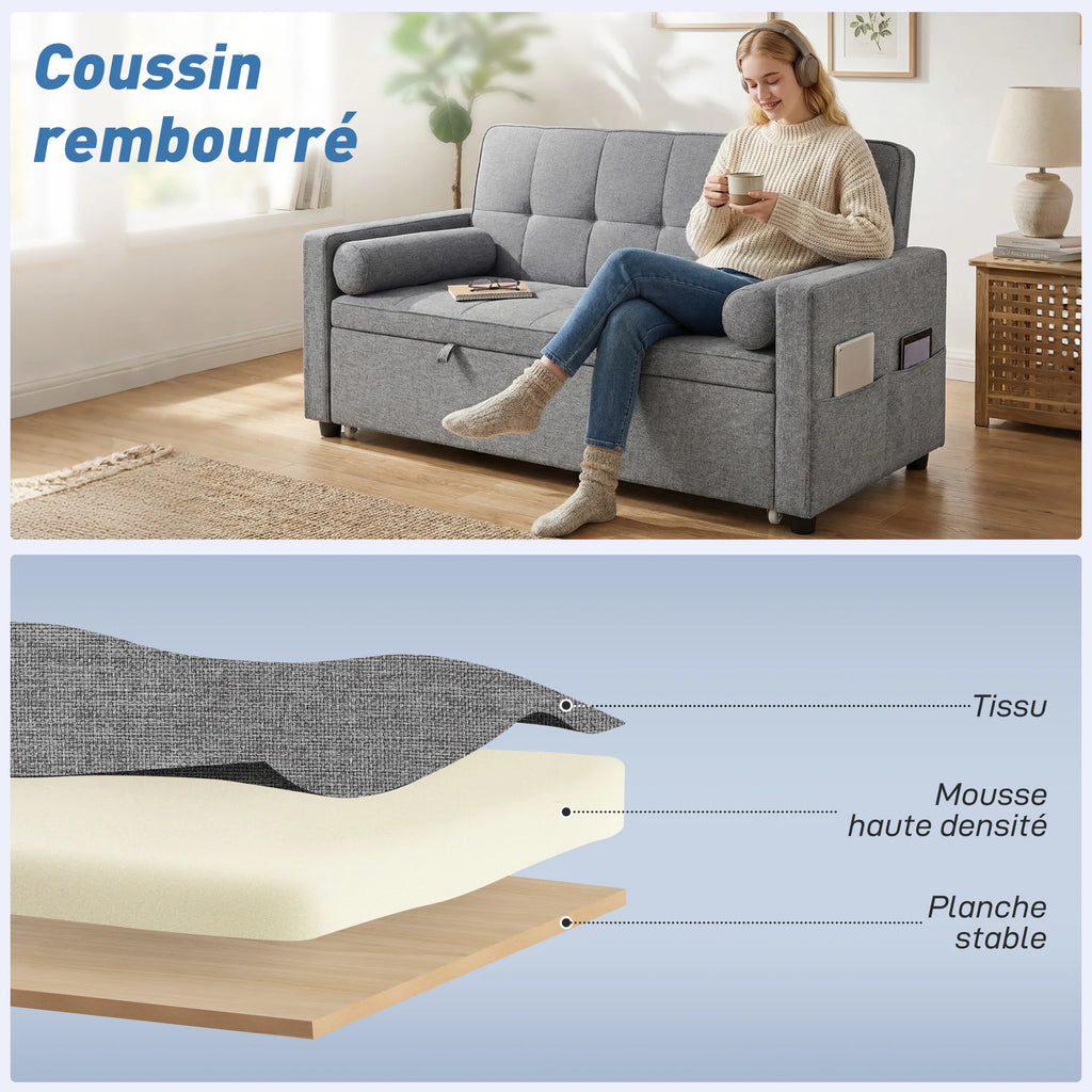 Canapé Convertible HOMCOM 3-en-1 avec Double Lit Gigogne – Confort Familial 2 Places Gris