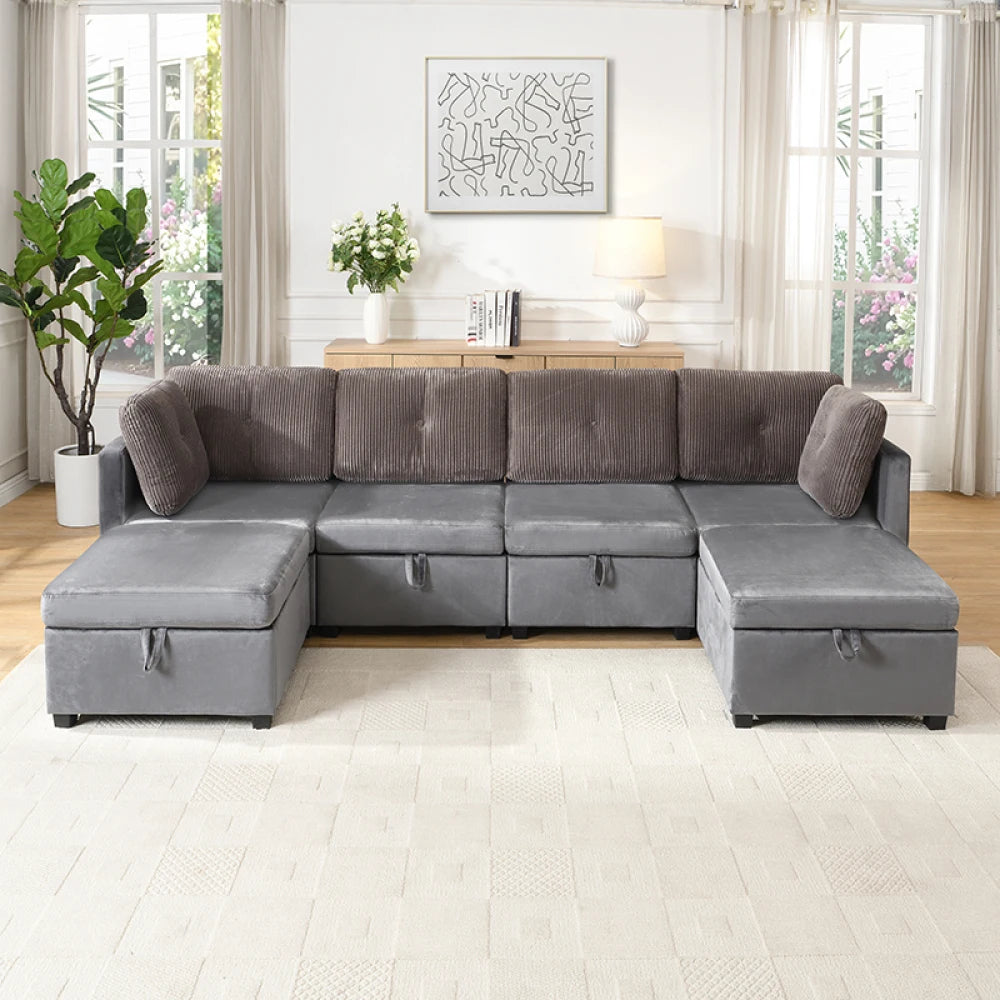 Canapé Modulaire en U avec Espace de Rangement – Velours & Cordon, Confort Haute Densité
