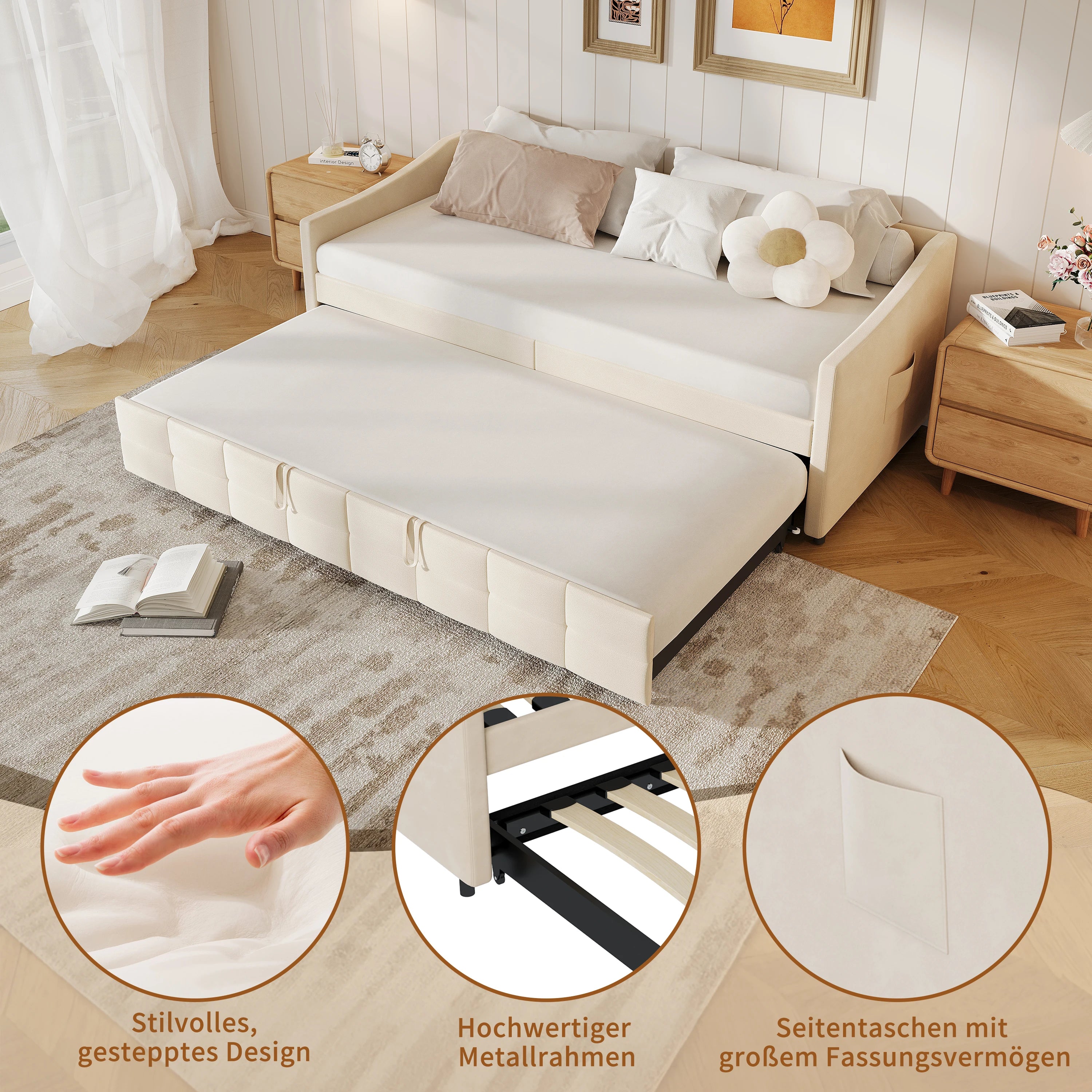 Canapé-Lit Superaly Velours Crème 90x200cm avec Rangement – Design Nordique Minimaliste
