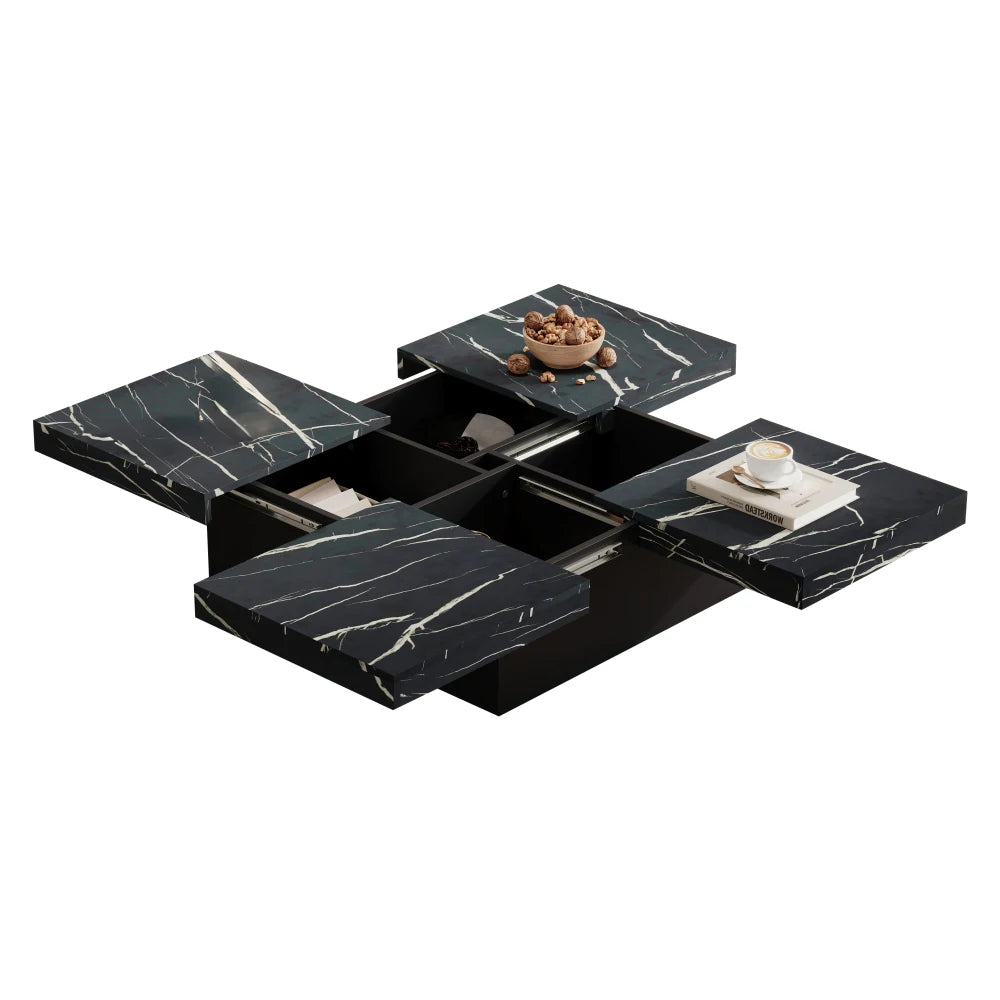 Table Basse Carrée Noire 90x90cm à 4 Tiroirs – Plateau Coulissant, Design Marbré Chic