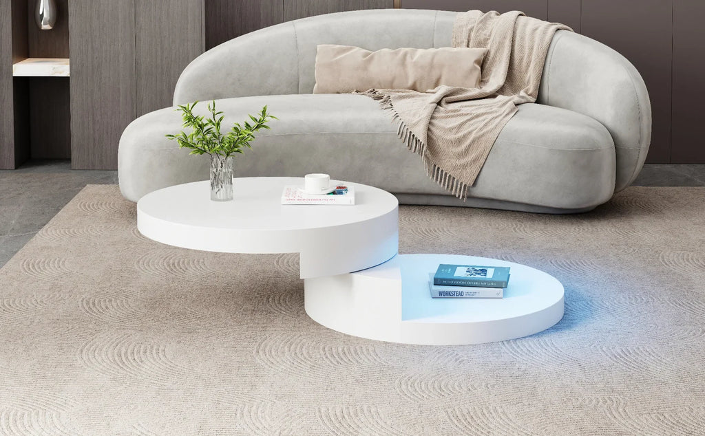 Table Basse Ronde Blanche Pivotante 360° avec LED – Design Cylindrique Moderne 70x70cm