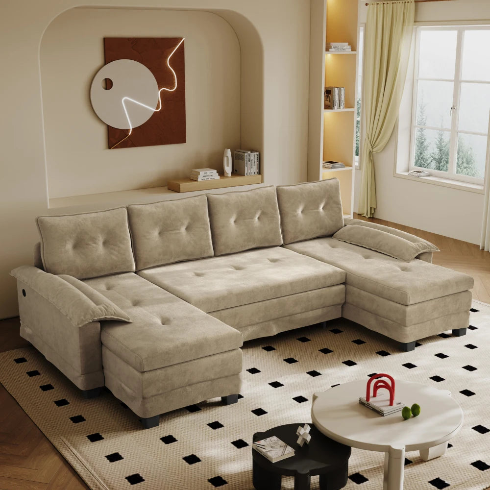 Canapé Convertible en U Ye 278cm Camel avec USB & Accoudoirs Amovibles – Format XXL Modulaire