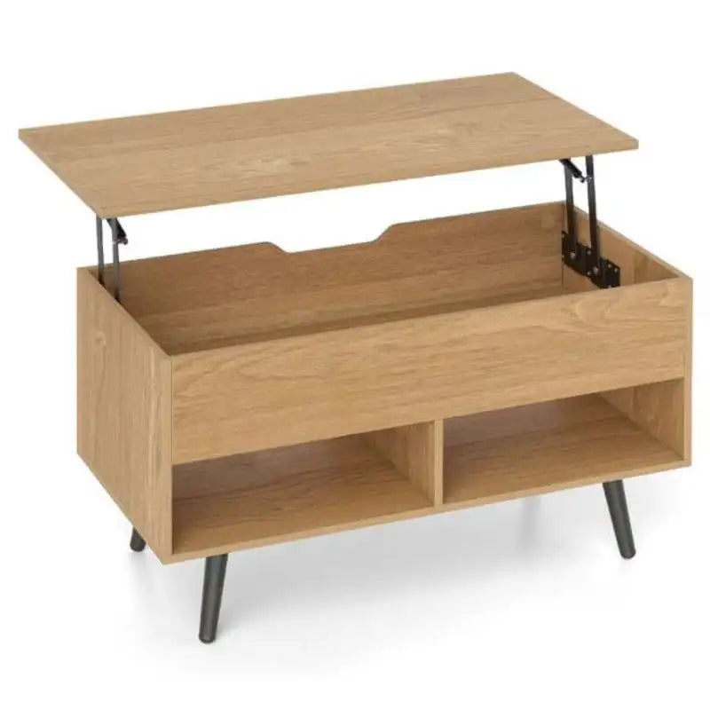 Table Basse Relevable 80cm Bois Naturel – Rangement Caché et Étagères Pratiques
