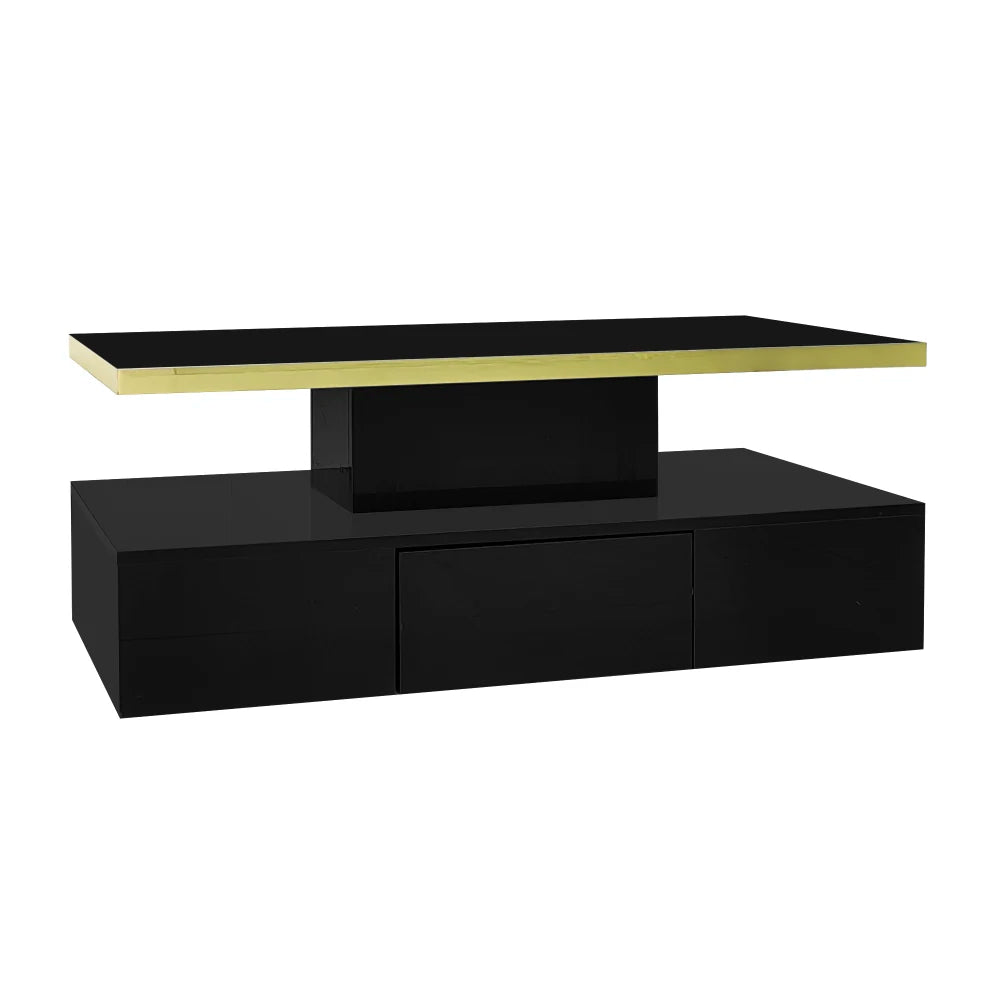Table Basse Haute Brillance – Tiroirs, LED et 2 Niveaux de Rangement