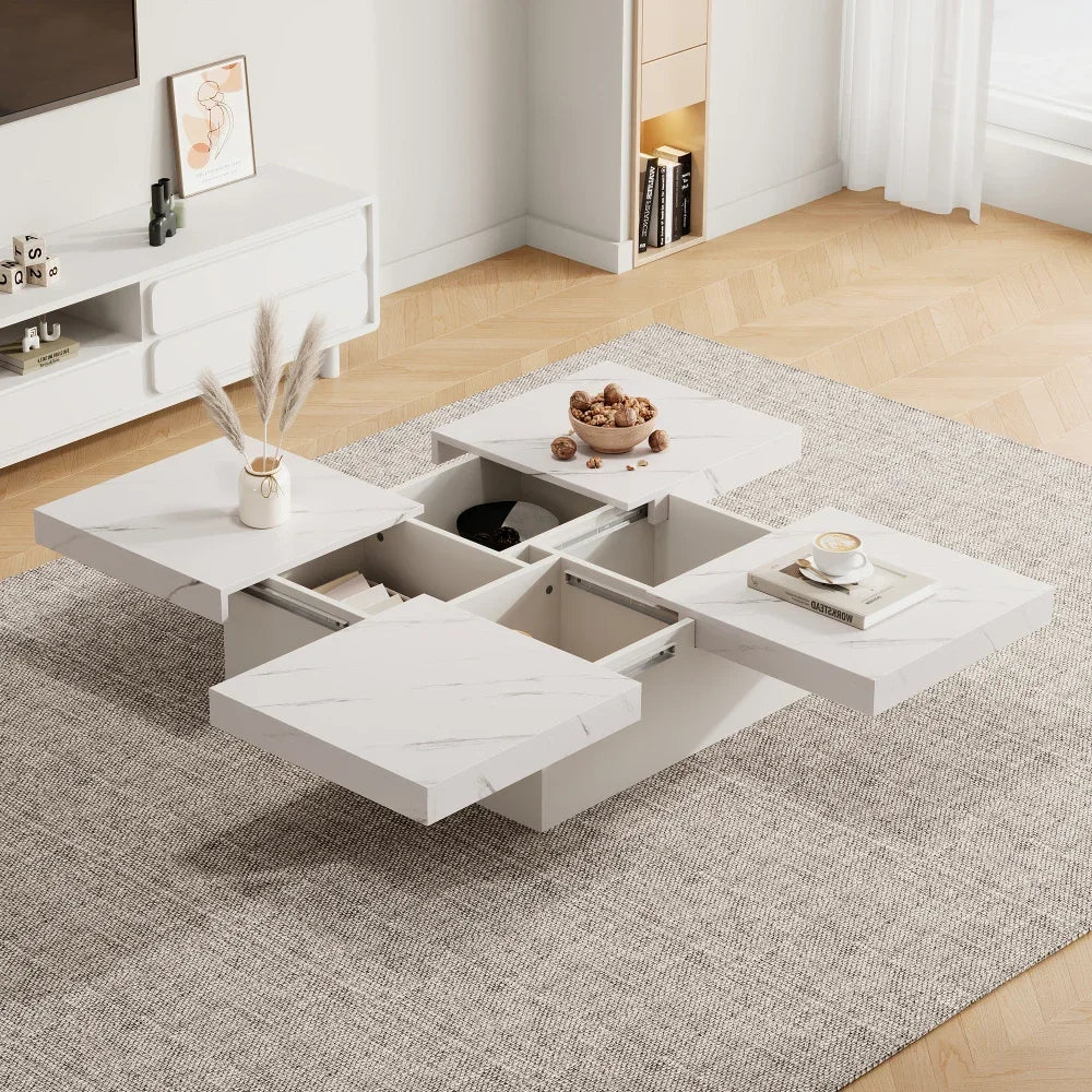 Table Basse Carrée Noire 90x90cm – 4 Tiroirs et Plateau Coulissant Effet Marbre