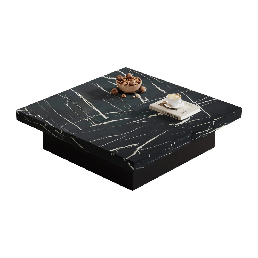Table Basse Carrée Noire 90x90cm à 4 Tiroirs – Plateau Coulissant, Design Marbré Chic