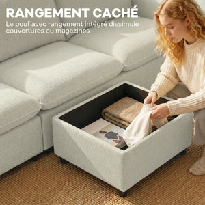 Canapé 3 Places 212cm Lin Crème – Confort Familial avec Pouf de Rangement