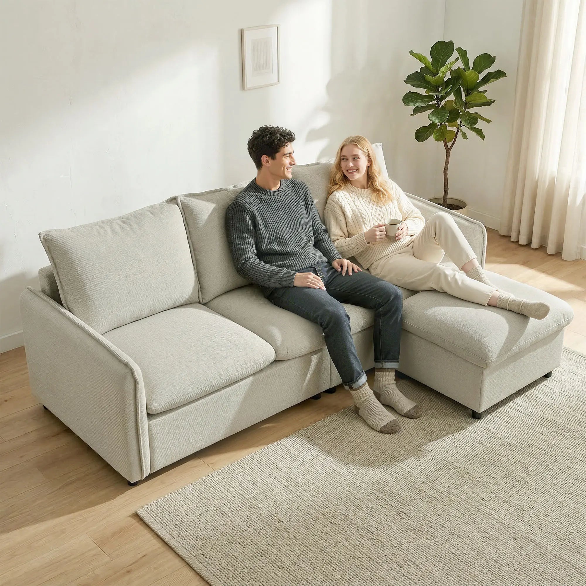 Canapé HOMCOM 3 Places 212cm Lin Crème avec Pouf de Rangement – Confort Familial Modulaire