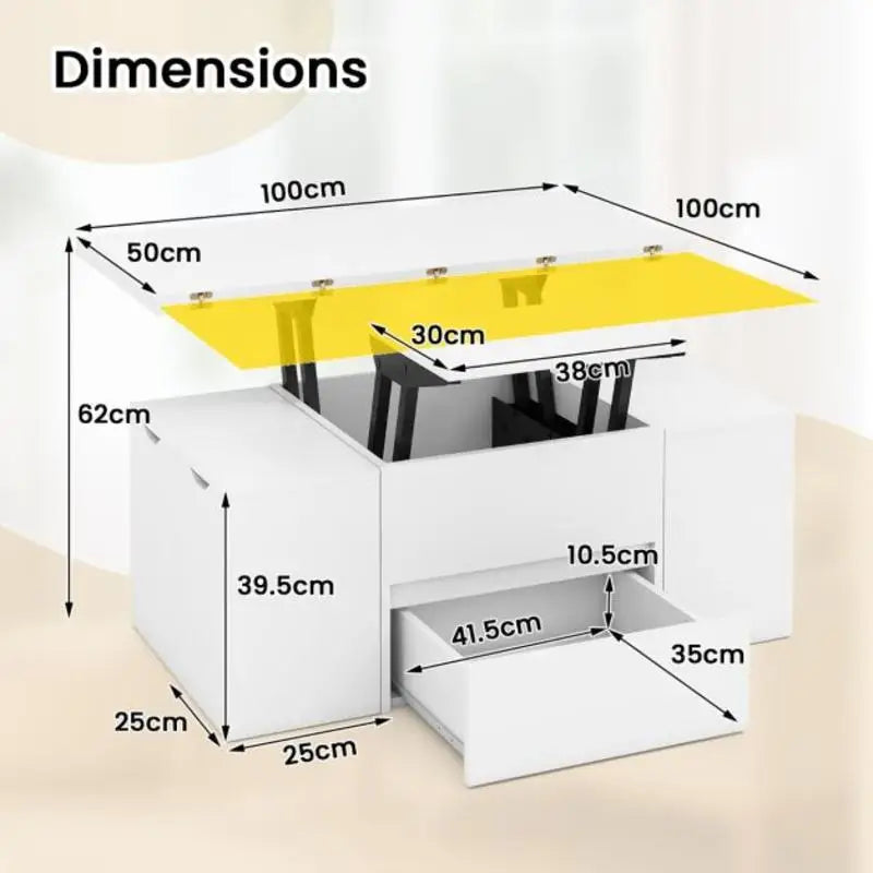 Table Basse Relevable Blanche avec 4 Tabourets de Rangement – Compartiment Caché, Idéale pour Recevoir
