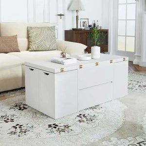 Table Basse Relevable Blanche avec 4 Tabourets – Idéale pour Recevoir vos Invités