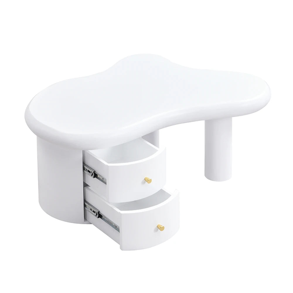 Table Basse Blanche Forme Irrégulière PINGGO avec 2 Tiroirs – Design Original Gain de Place