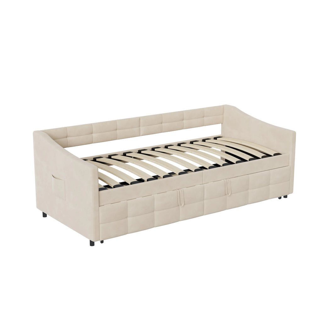 Canapé-Lit Superaly Velours Crème 90x200cm avec Rangement – Design Nordique Minimaliste
