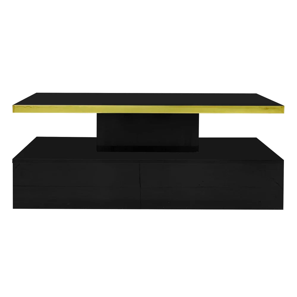 Table Basse PINGGO Haute Brillance avec Tiroirs & LED – 2 Niveaux de Rangement