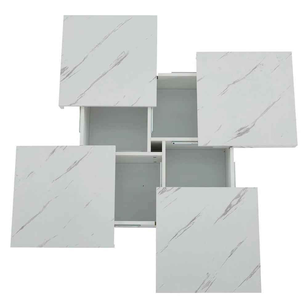 Table Basse Carrée Noire 90x90cm à 4 Tiroirs – Plateau Coulissant, Design Marbré Chic