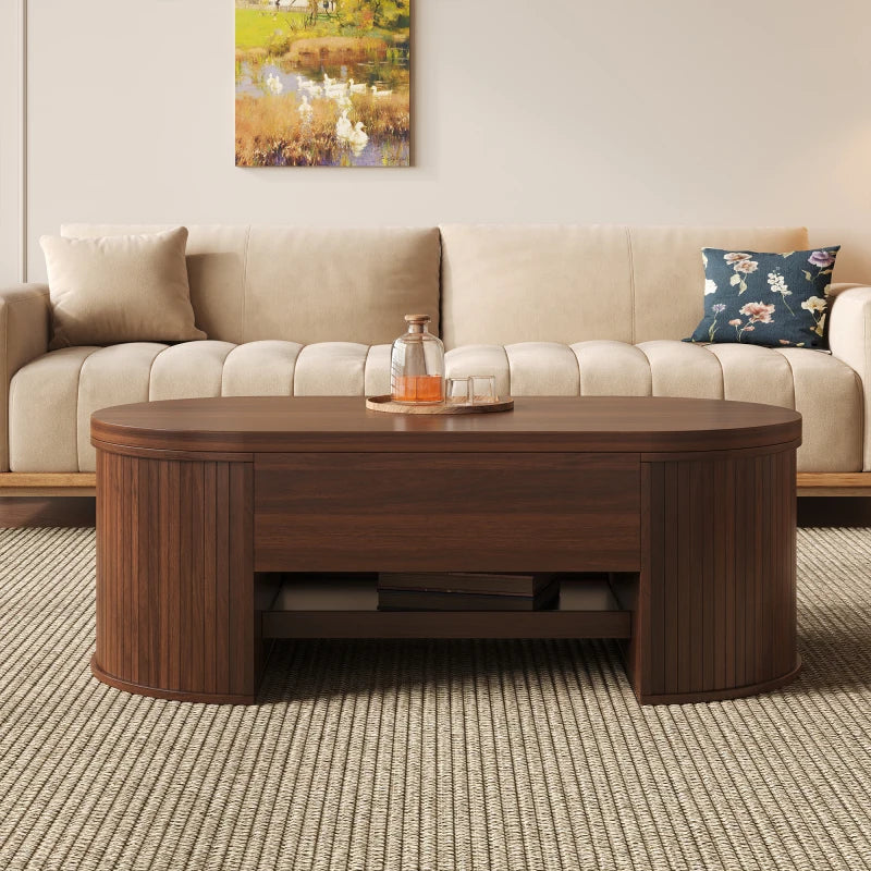 Table Basse Relevable en Bois Courbé avec Étagère Coulissante – Design Chaleureux Multifonction
