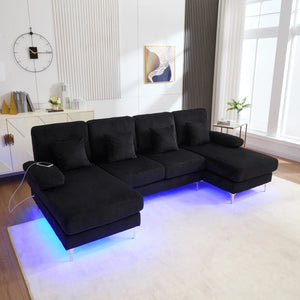 Canapé Sectionnel en U Velours – Éclairage LED & USB pour vos Soirées