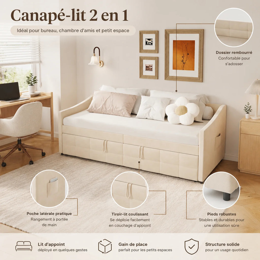 Canapé-Lit Superaly Velours Crème 90x200cm avec Rangement – Design Nordique Minimaliste