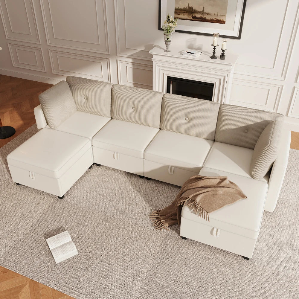 Canapé Modulaire en U avec Espace de Rangement – Velours & Cordon, Confort Haute Densité